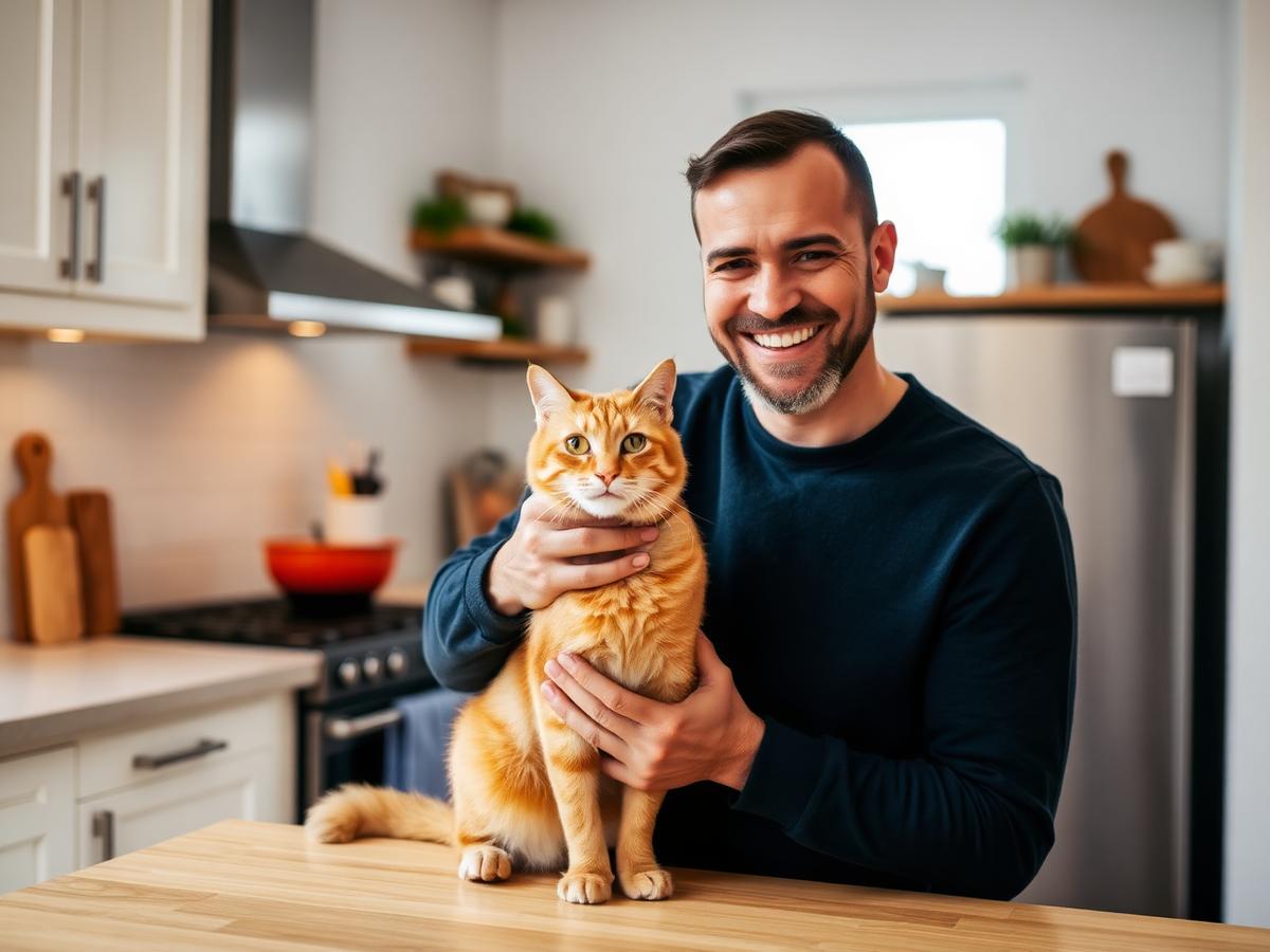 Usmívající se muž hladí zrzavou kočku v moderní kuchyni