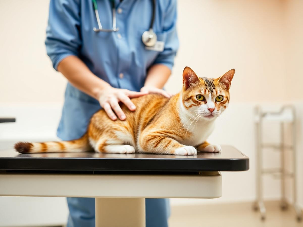 Veterinář jemně vyšetřuje spokojenou kočku na ordinačním stole